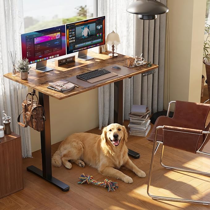Claiks Electric Standing Desk, Adjustable Height Stand up Desk, 40x24 Inches Sit Stand Home Office Desk with Splice Board, Black Frame/Rustic Brown Top