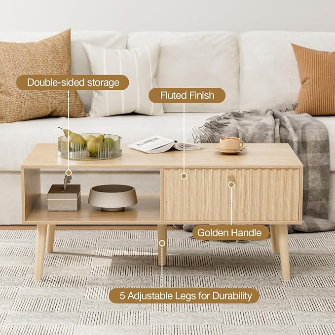 LCRBOL Coffee Table with Fluted Drawer, Modern, Oak | 39.3"W x 19.7"D x 17.1"H, 1 fluted drawer & open shelf, golden handle, 5 legs, ~45 min assembly