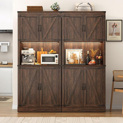 72" Tall Farmhouse Kitchen Pantry Cabinet with LED Light and Power Outlet,Modern Farmhouse Kitchen Storage Cabinet w Load-Bearing Steel Pipe,Barn Doors, Organizer,Food Pantry Cabinets(2PC Brown)
