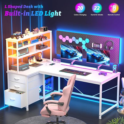 DurayLoly 55''White Desk with 3 Fabric Drawers & Shelf, Remote LED Power Outlet for Bedroom