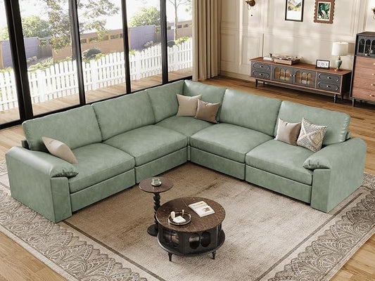 EASE MOOSE Oversized Corner Modular Sectional Sofa, Faux Leather Sectional Sofa with Deep Seat, Vintage Scratch Resistant Faux Leather Material, Extra Large L Shaped Couch,Green
