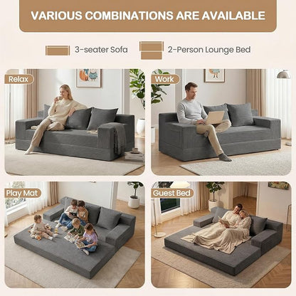 78.5” Convertible Sofa Bed,Corduroy 3 Seater Boneless Couch Bed Futon,Fold Out Couch with 3 Pillows,Loveseat Sleeper with Pull Out Bed for Living Room, Guest,Bedroom,Grey