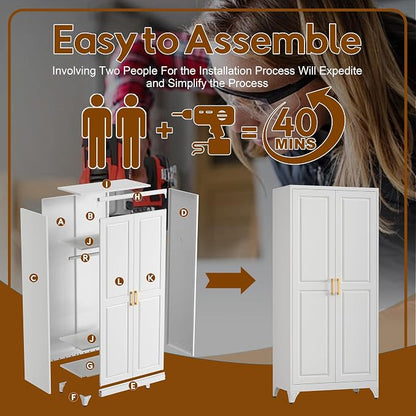 UNICOLY Armoire Wardrobe Closet with Doors, 71'' Wardrobe Cabinet with Hanging Rod, Metal Closet with 2 Adjustable Shelves for Bedroom School, Employee, Gym, Armarios De Ropa para Dormitorio, White