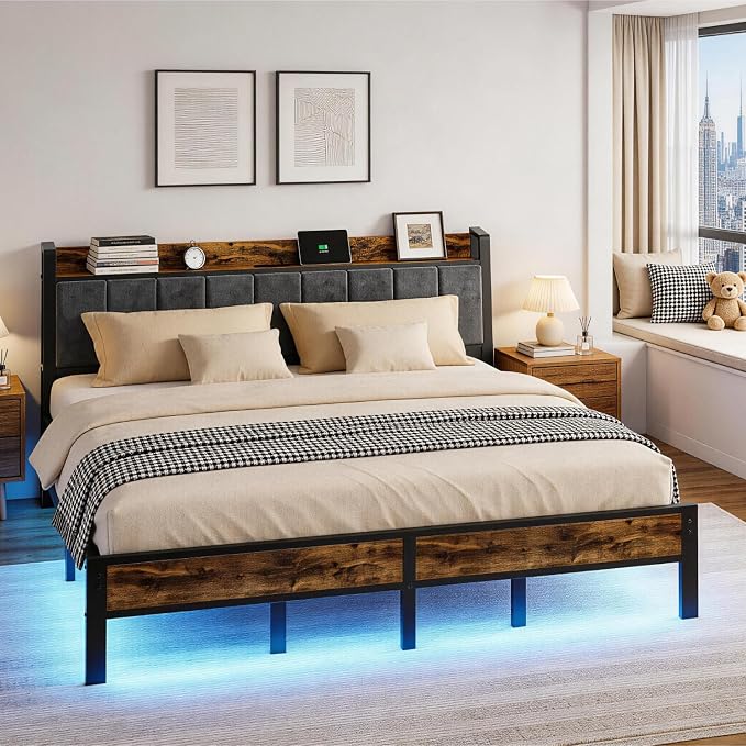 Liians King Size Bed Frame with Charging Station, Storage Headboard Smart LED Lights, Metal Platform Bed Frame with USB Ports, Noise Free, No Box Spring Needed, Easy Assembly