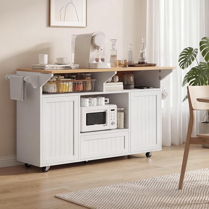 Einhomn 65" Kitchen Island with Power Outlet & Drop Leaf, Island Table for Kitchen with Trash Can Storage, Mobile Rolling Kitchen Islands on Wheels with Spice Rack, Towel Rack & 4 Side Hooks, White