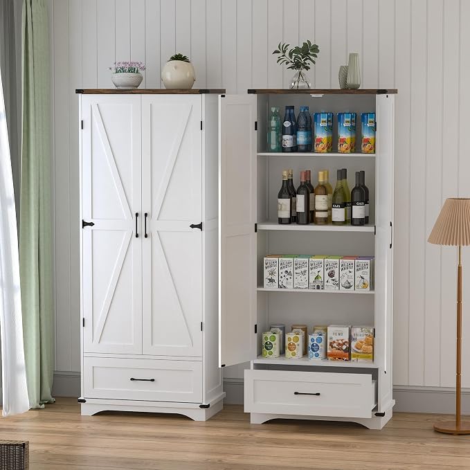 71" Farmhouse Kitchen Pantry Storage Cabinet with Drawer & 2 Barn Doors, Freestanding Cupboard with Adjustable Shelves, Modern Floor Cabinet for Kitchen, Dining Room, Living Room, White