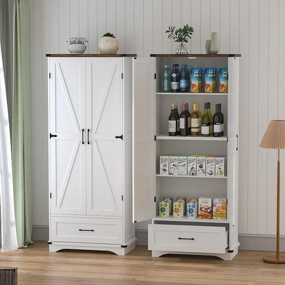 71" Farmhouse Kitchen Pantry Storage Cabinet with Drawer & 2 Barn Doors, Freestanding Cupboard with Adjustable Shelves, Modern Floor Cabinet for Kitchen, Dining Room, Living Room, White
