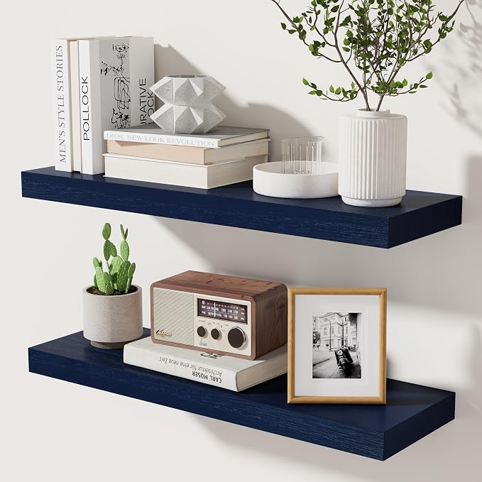 fuqing Dark Blue Floating Shelves 24 Inch, Solid Wooden Wall Shelves Set of 2, Rustic Floating Wall Shelves for Decor & Storage for Living Room Bedroom Bathroom
