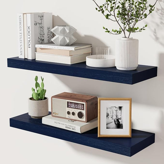 fuqing Dark Blue Floating Shelves 24 Inch, Solid Wooden Wall Shelves Set of 2, Rustic Floating Wall Shelves for Decor & Storage for Living Room Bedroom Bathroom