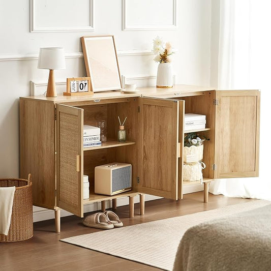 VEVOR Rattan Buffet Cabinet with Storage, 4 Magnetic Doors and Adjustable Shelves, Sideboard for Hallway, Living Room, Kitchen, Natural