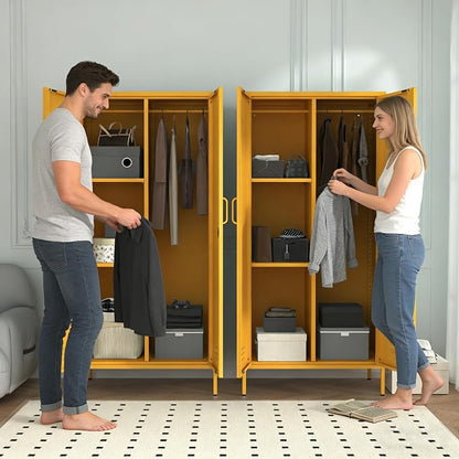 Industrial 67" Yellow Lockable Metal 2-Door Storage Cabinet, Multi-Purpose Wardrobe with Hanging Rod & Adjustable Shelves, Heavy Duty for Bedroom, Garage, Home Office 67"H X 31.5"W X 18.1"D