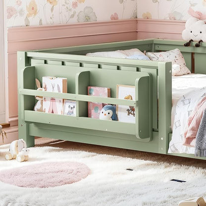 Bellemave Twin Floor Bed with Rails and Slats, Twin Size Montessori Floor Bed with Bookshelf and Fence, Easy Assemble Montessori Beds Frame for Girls, Boys, Avocado Green