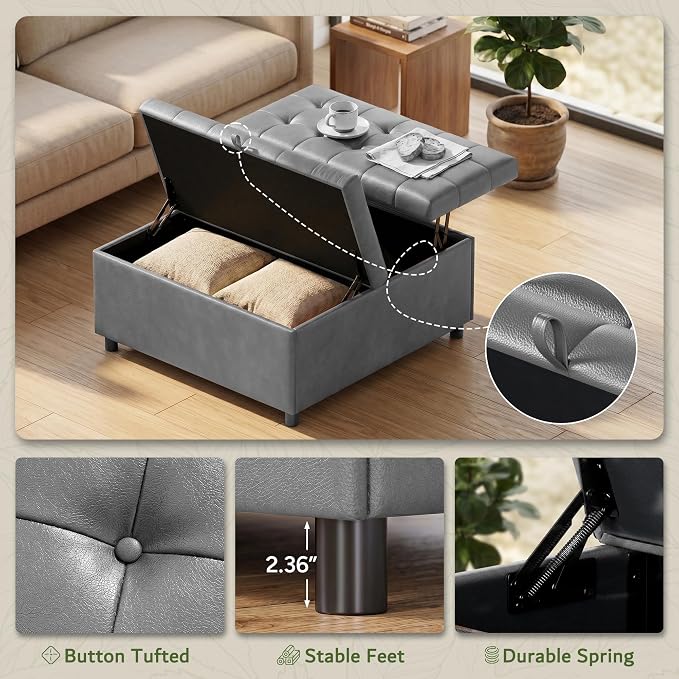 Grey Leather 36 Inch Extra Large Lift Top Living Room Storage Ottoman | LINLUX Tufted Upholstered Shoe Storage Entry Bench, Bed Benches For Foot Rest, Lift Footrest For Dorm Bedroom Office