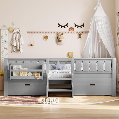 Bellemave Full Size Montessori Bed with Stairs, Rails and Slats, Full Size Montessori Floor Bed with Bookshelf and 2 Storage Drawers, Easy Assemble Beds Frame for Girls, Boys, Gray