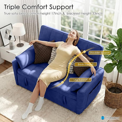 54'' Sleeper Sofa Bed, Convertible Pull Out Couch Futon for for Living Room,Apartment (Blue, Loveseat) Side Pockets, Velvet Fabric, Adjustable Backrest, Pull-Out Bed, Easy Assembly