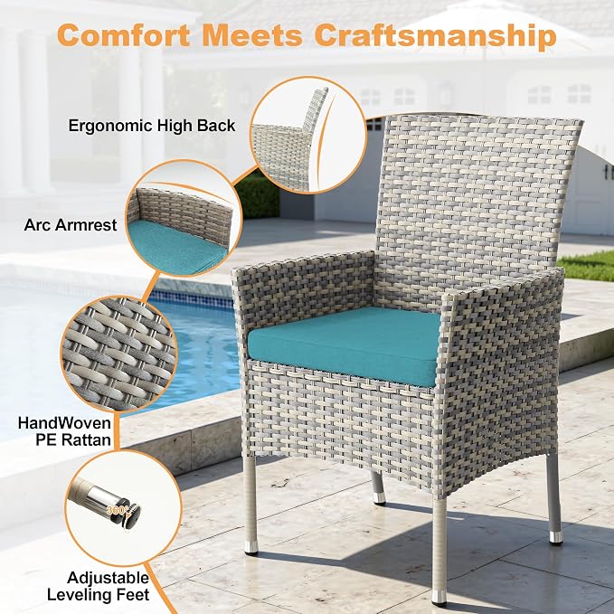 10-Piece Patio Dining Set, Patio Furniture Set with Square Tempered Glass Table & 8 Wicker Chairs, Expandable Design for Larger Groups, Outdoor Furniture for Backyard, Deck, Garden, Turquoise