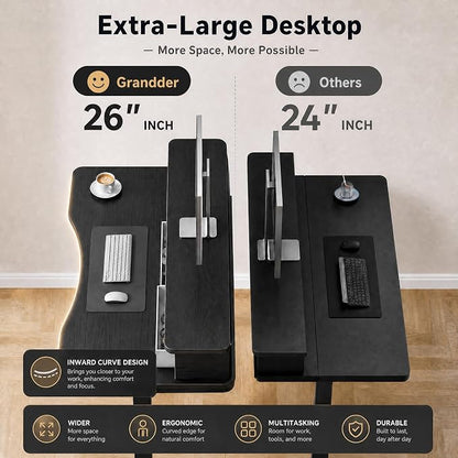 Grandder Electric Standing Desk with Two Drawers, Curved Desktop Sit to Stand Up Height Adjustable Desk with Storage Shelf for Home Office, 47 * 26 Inch, Ergonomic Adjustable Computer Desk, Black