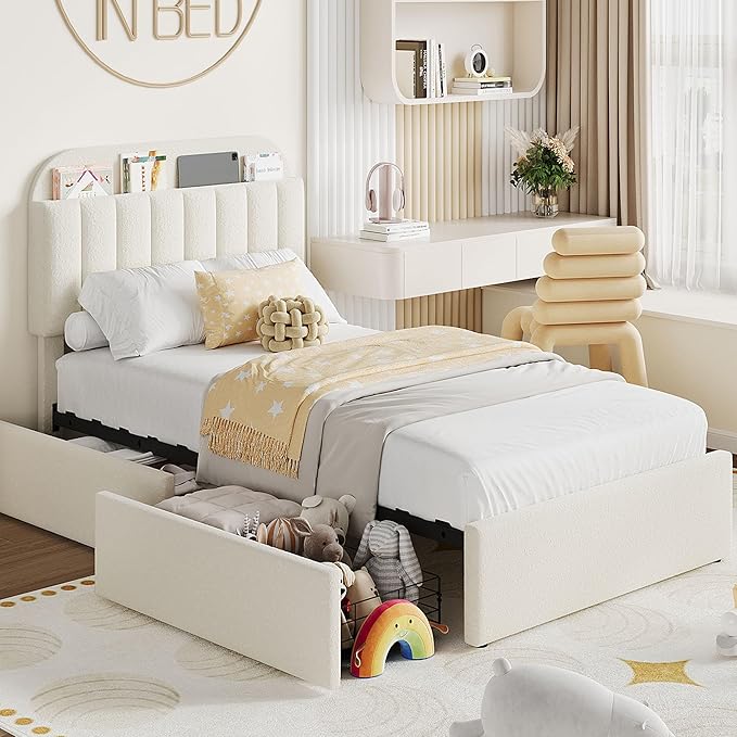 Garvee Twin XL Size Bed Frame with 2 Flexible Drawers, Boucle Upholstered Platform Bed Frame with Bookcase Headboard, Bedframe for Kids/Girls, Easy Assembly, No Box Spring Needed, Noise Free, Beige