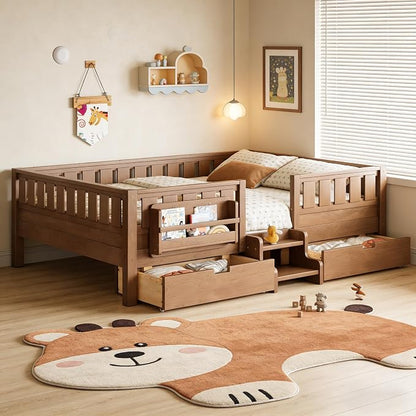 Queen Platform Bed with Storage Drawers and Bookshelves, Kids Platform Bed Frame with Low-profile Stairs and Full-length Guardrails, Queen Bed Frame for Boys, Girls, No Box Spring Needed, Nature