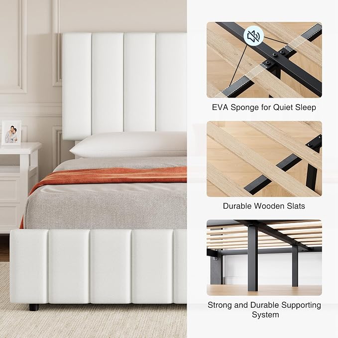 IDEALHOUSE Queen Size Bed Frame with 4 Storage Drawers, PU Leather Upholstered Platform Bed Frame, Adjustable Height Headboard, No Box Spring Needed, Easy to Assembly, White