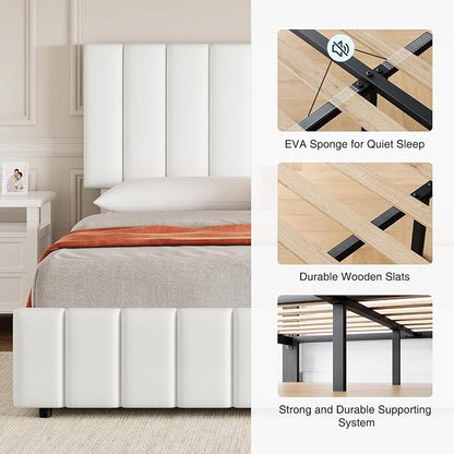 IDEALHOUSE Queen Size Bed Frame with 4 Storage Drawers, PU Leather Upholstered Platform Bed Frame, Adjustable Height Headboard, No Box Spring Needed, Easy to Assembly, White