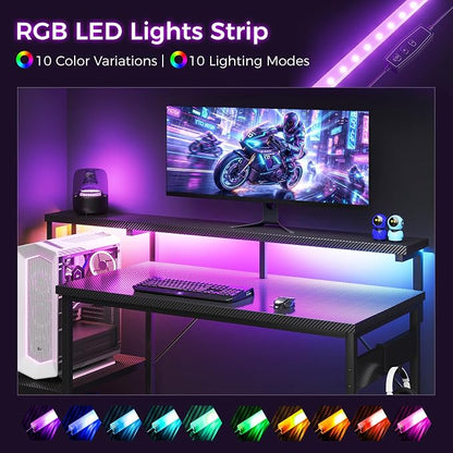 AODK 55 Inch Gaming Desk with LED Lights, Computer Desk with Storage Shelves, Reversible Desk with Monitor Stand, Carbon Fiber Black