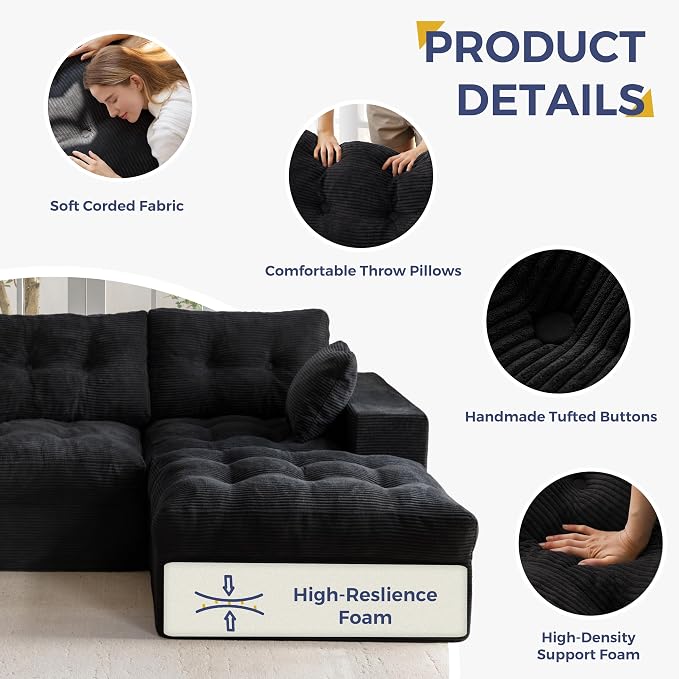 MAXYOYO Modular Sectional Sofa with Ottoman and Loveseat, Cloud Boneless Couch with Layered Cushion, Flexible Module Combination Sofa for Living Room, No Assembly Required,Black