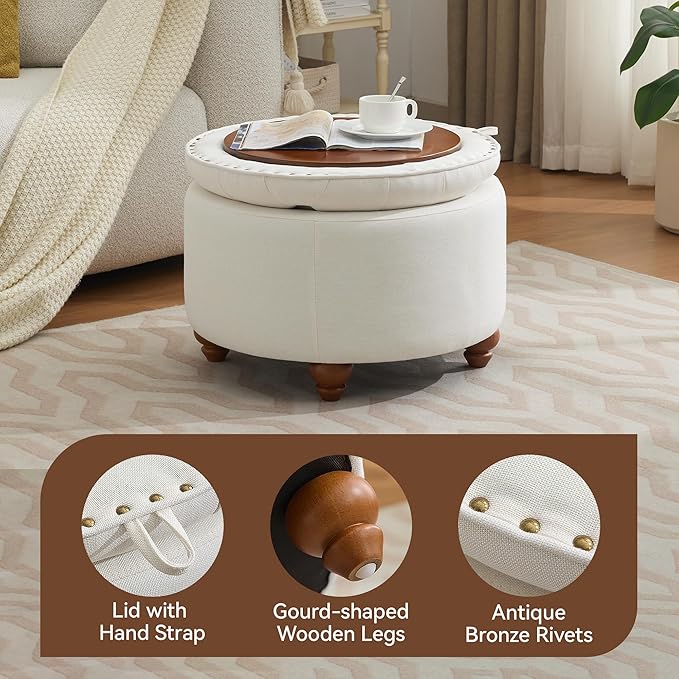 WUTUTUEE 24Inch Round Storage Ottoman with Tray, Modern Tufted Fabric Circle Coffee Table with Storage, Upholstered Ottoman with Removable Top for Living Room, Bedroom, Beige