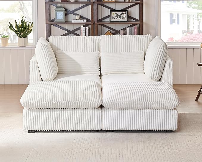 77" Oversized Corduroy Couch Modular Sectional Sofa, Washable Cloud Couch Sectional with 2 Ottoman, 4 Seater Sectional Couches for Living Room, Fully Cover Removable, Chaise Lounge, Corduroy, White