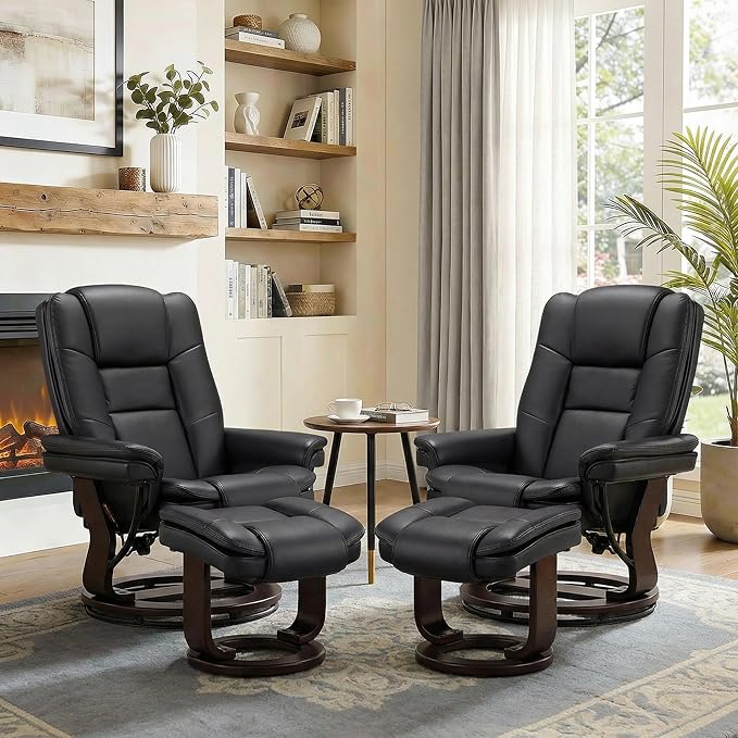 Swivel Recliner Chair with Ottoman Reclining Lounge Sofa Footrest, Set of 2 | 360°Sturdy Wood Base, Soft PU Leather, Upholstered Ultra-Plush Foam, Modern Armchair, Living Room Bedroom Office Reading Home