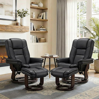 Swivel Recliner Chair with Ottoman Reclining Lounge Sofa Footrest, Set of 2 | 360°Sturdy Wood Base, Soft PU Leather, Upholstered Ultra-Plush Foam, Modern Armchair, Living Room Bedroom Office Reading Home