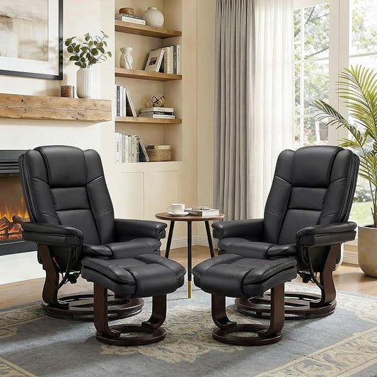 Swivel Recliner Chair with Ottoman Reclining Lounge Sofa Footrest, Set of 2 | 360°Sturdy Wood Base, Soft PU Leather, Upholstered Ultra-Plush Foam, Modern Armchair, Living Room Bedroom Office Reading Home