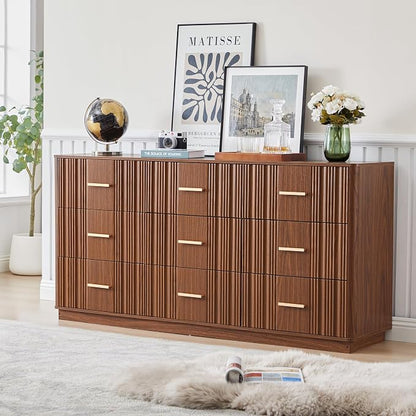 Fluted Dresser for Bedroom with 9 Drawers, 59" Wide Mid Century Modern Chest of Drawers, Wooden Dresser TV Stand, Wood Closet Clothes Storage Organizer for Living Room Hallway, Walnut
