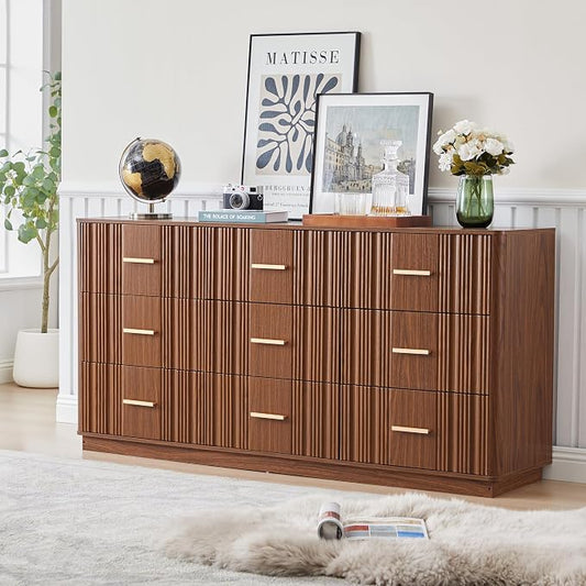 Fluted Dresser for Bedroom with 9 Drawers, 59" Wide Mid Century Modern Chest of Drawers, Wooden Dresser TV Stand, Wood Closet Clothes Storage Organizer for Living Room Hallway, Walnut