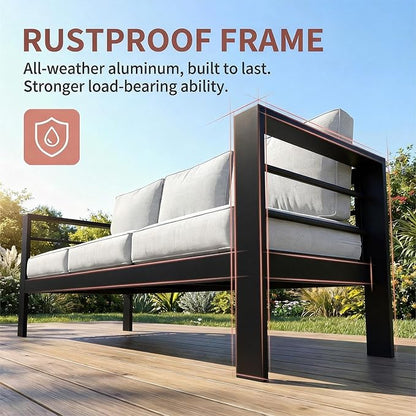 Kiss the Water 3 Seats Aluminum Outdoor Patio Sofa Set, All Weather Rust-Proof Metal Patio Couch, Modern Outdoor Furniture for Backyard Porch Garden, 5" Thick Waterproof Olefin Cushions, Light Grey