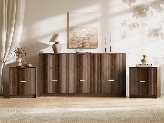 MAISONARIA 3-Piece Dresser Bedroom Set, 9 Drawer Dresser & 2 Drawer Nightstands with Gold Handles, Fluted Wood Chest of Drawers for Bedroom, Living Room, Entryway, Walnut