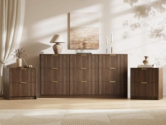 MAISONARIA 3-Piece Dresser Bedroom Set, 9 Drawer Dresser & 2 Drawer Nightstands with Gold Handles, Fluted Wood Chest of Drawers for Bedroom, Living Room, Entryway, Walnut