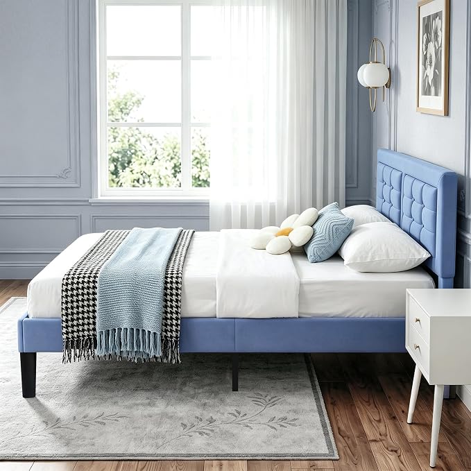 VECELO Queen Size Bed Frame, Adjustable Upholstered Button Tufted Headboard, Heavy-Duty Bedframe with Wood Slats Support, No Box Spring Needed, Light Blue