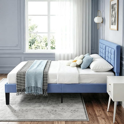 VECELO Queen Size Bed Frame, Adjustable Upholstered Button Tufted Headboard, Heavy-Duty Bedframe with Wood Slats Support, No Box Spring Needed, Light Blue