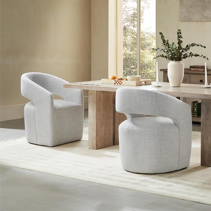KISLOT Upholstered Dining Chairs with Casters, No Assembly Modern Barrel Armchair with Rollers for Dining Room, Bedroom, Living Room, Reading Room, Home Office, Set of 1, Light Grey