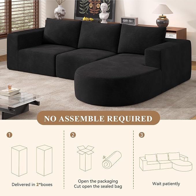 L-Shaped Boneless Couch,104" Couches for Living Room with Curved Chaise,Modular Sectional Sofa with Deep Seat,Modern Cozy Cloud Compression Sofas,No Assembly Required(Black) 1PCS