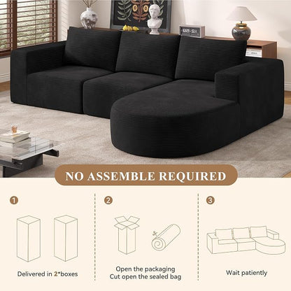 L-Shaped Boneless Couch,104" Couches for Living Room with Curved Chaise,Modular Sectional Sofa with Deep Seat,Modern Cozy Cloud Compression Sofas,No Assembly Required(Black) 1PCS