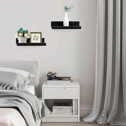 Muzilife 12" Small Floating Wall Ledge Shelves with Lip - Set of 4 Wood Floating Shelves - Black Wall Mounted Picture Ledge for Office, Bathroom, Bedroom, Living Room, Kitchen