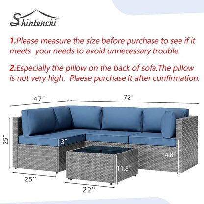 5 Piece Outdoor Patio Furniture Set,Silver PE Rattan Wicker Sectional Sofa, All Weather Conversation Set with Washable Cushions & Glass Coffee Table for Backyard Poolside Garden Porch,Navy Blue