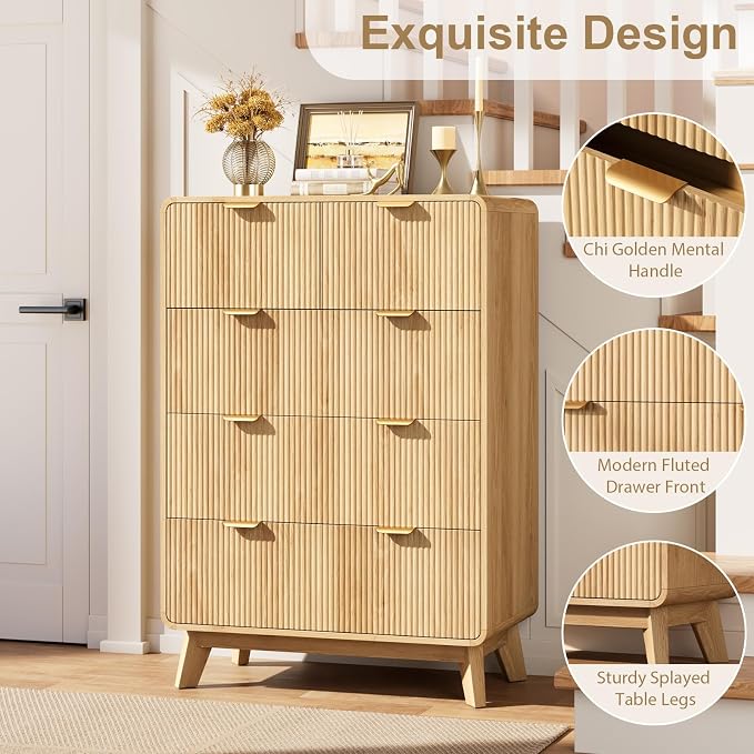 QUW Fluted 5 Drawers Dresser for Bedroom, Modern 40.2" Tall Drawer Dressers with Metal Handle, Wooden Chest of Dresser for Living Room, Hallway, Solid Wood Legs, Curved Profile Design, Natural Oak