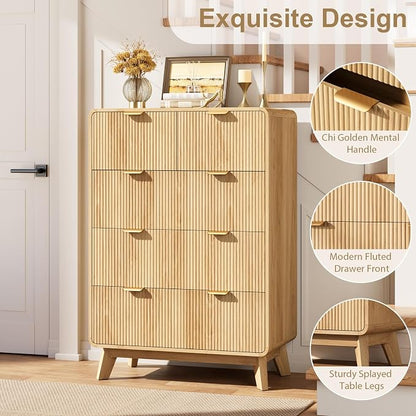 QUW Fluted 5 Drawers Dresser for Bedroom, Modern 40.2" Tall Drawer Dressers with Metal Handle, Wooden Chest of Dresser for Living Room, Hallway, Solid Wood Legs, Curved Profile Design, Natural Oak