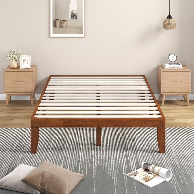 COSTWAY Wood Platform Bed Frame, 14 Inches Solid Rubber Wood Bed Mattress Foundation with Sturdy Slats Support, Easy Assembly Bed Frame for Home Hotel, No Box Spring Needed (Walnut, Full)