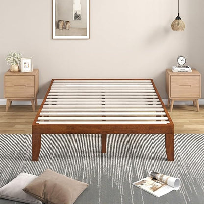 COSTWAY Wood Platform Bed Frame, 14 Inches Solid Rubber Wood Bed Mattress Foundation with Sturdy Slats Support, Easy Assembly Bed Frame for Home Hotel, No Box Spring Needed (Walnut, Full)