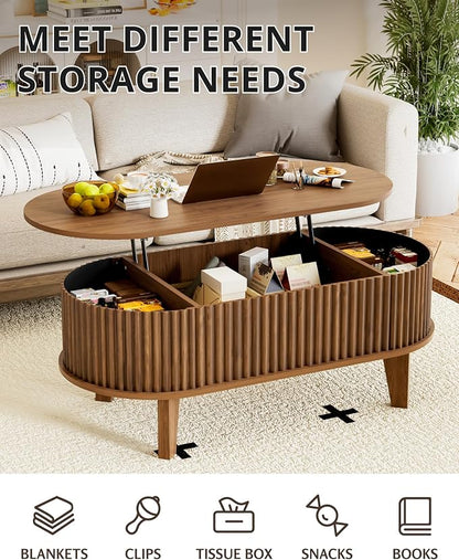 Oval Lift Top Coffee Table with Storage, 41" Wood Fluted Modern Living Room Center Table for Home Office, Walnut