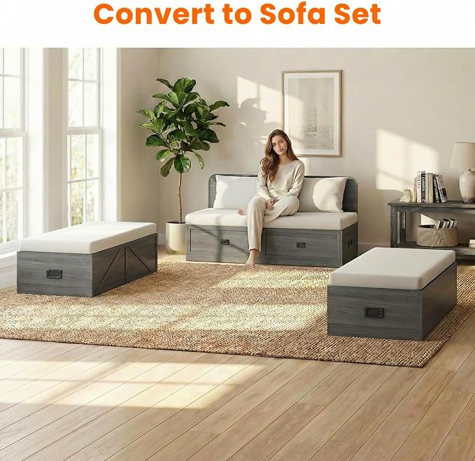 CECER 3-in-1 Full Murphy Bed with Mattress for Small Space -Grey | Multi-Functional Desgin that Converts to Sofa Set，Bed and Cabinet，Easy Assemble ＆ Conversion
